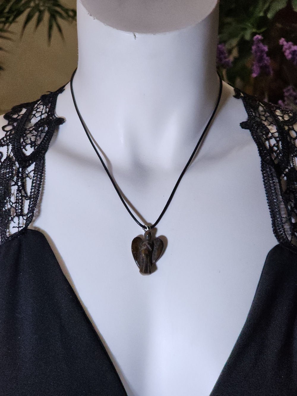 Black Nylon Cord Necklace With Brown Stone Angel Pendant